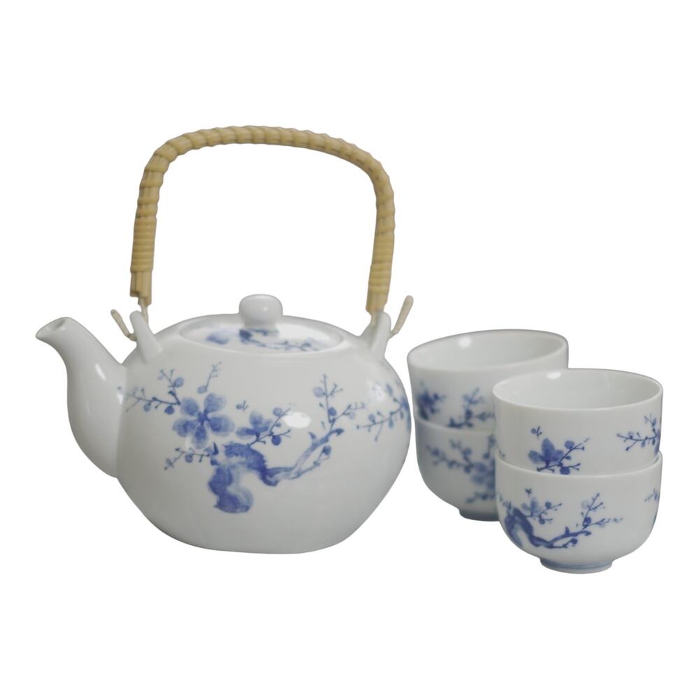 Blue White Porcelain Tea Set Teapot 4 Cups Plum Blossom Bamboo Handle 5 Pc